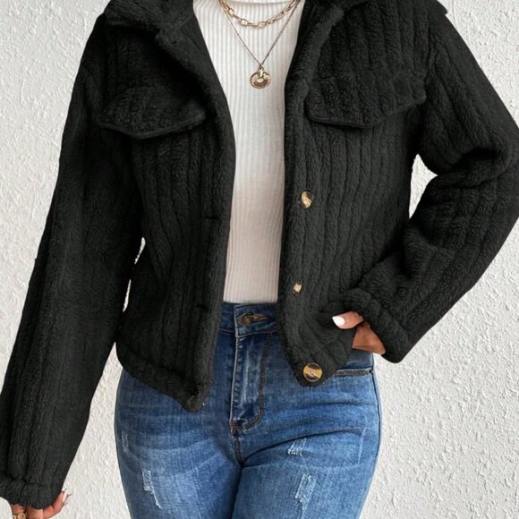 Black Casual Women's Flap Detail Button Front Flannel Jacket - Picture 6 of 7